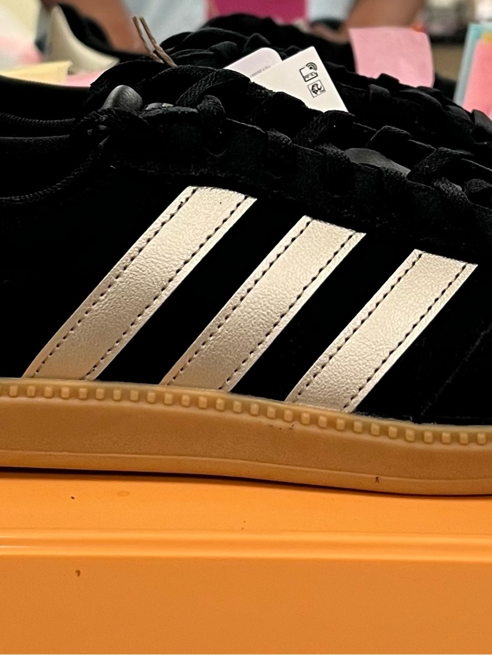 ❗️NWT❗️Adidas Sleeknet Black Suede Sneakers w/ Gold Stripes and Gum Sole - Picture 2 of 8